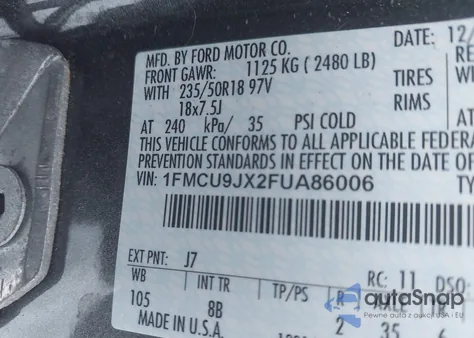 2015 Ford Escape Titanium z USA, uszkodzony, nr VIN 1FMCU9JX2FUA86006